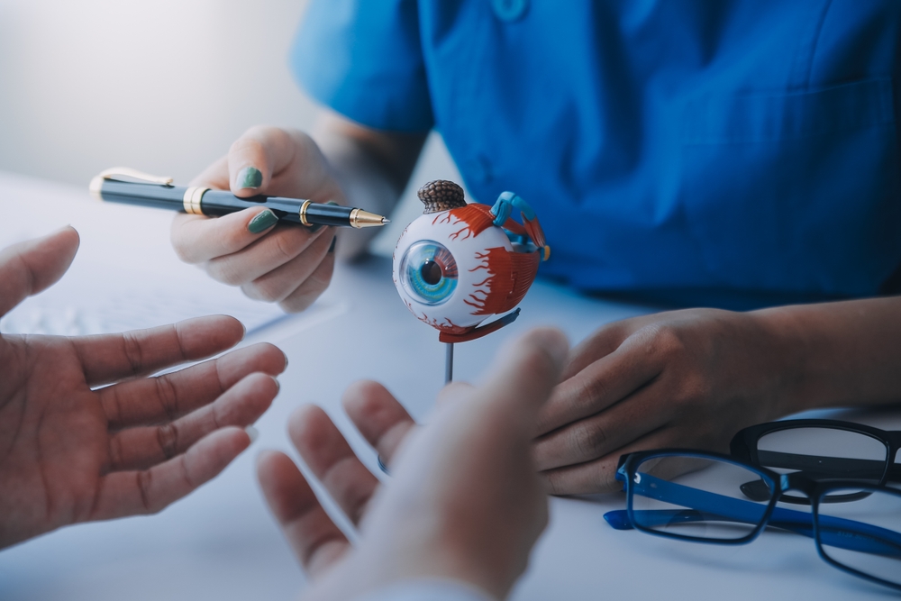 Eye Doctor Explaining with Anatomical Eye Model Close-up of a healthcare professional in blue scrubs using a pen to point at a detailed anatomical eye model during a patient consultation.